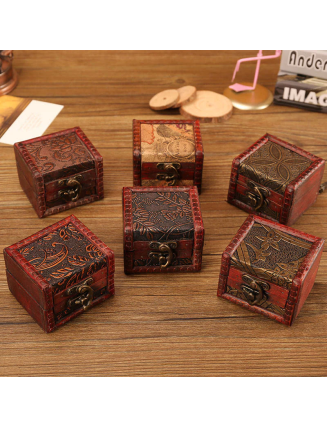 Retro Small Square Wood Jewelry Box Lotus Grass Flower Grape Copper Coin Daffodil Jewelry Storage Box