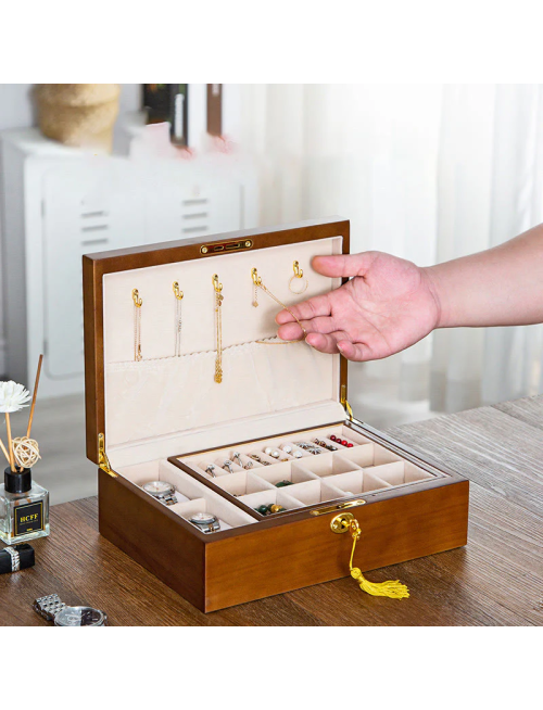 Vintage Wooden Jewelry Box Two-Layer Solid Wood Jewelry Storage Box