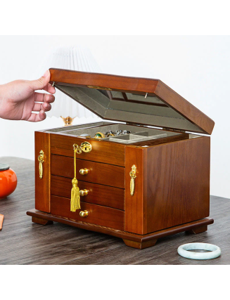 Vintage Large Capacity Wooden Jewelry Box Jewelry Storage Box With Mirror