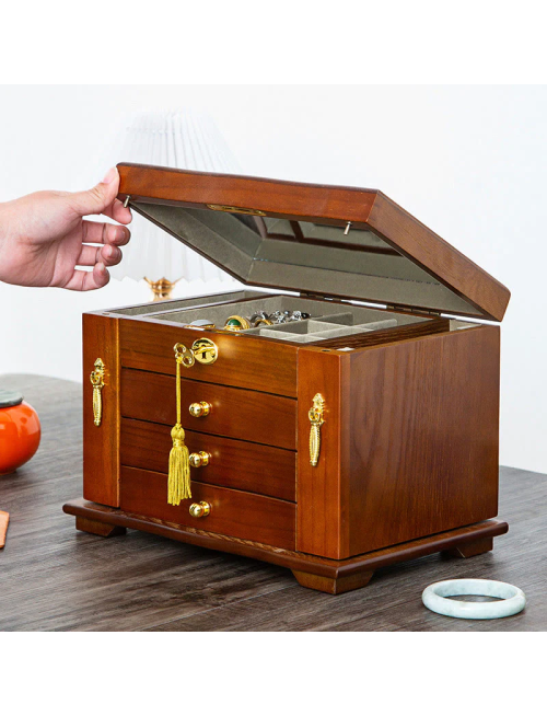 Vintage Large Capacity Wooden Jewelry Box Jewelry Storage Box With Mirror