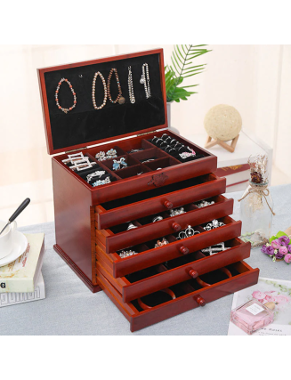 Large Capacity Vintage Flowers Carved Wooden Jewelry Box Six-Layer Jewelry Storage Box