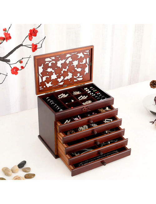 Vintage Plum Blossom Carved Wooden Jewelry Box Six-Layer Jewelry Storage Box