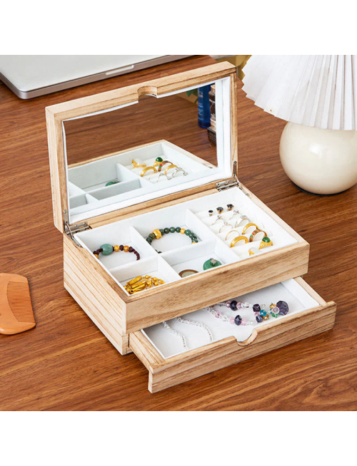 Retro Beige Wooden Jewelry Box Two-Layer Jewelry Storage Box With Mirror
