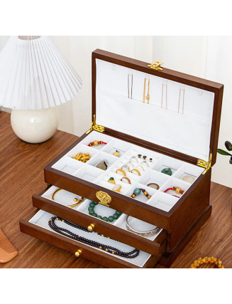 Retro Wooden Jewelry Box Three-Layer Jewelry Storage Box