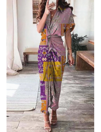 Elegant Print Frenulum Buckle Turndown Collar Pencil Skirt Dresses