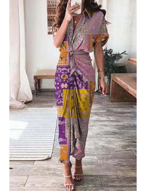 Elegant Print Frenulum Buckle Turndown Collar Pencil Skirt Dresses