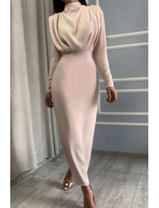 Elegant Solid Patchwork Fold Mandarin Collar Waist Skirt Dresses
