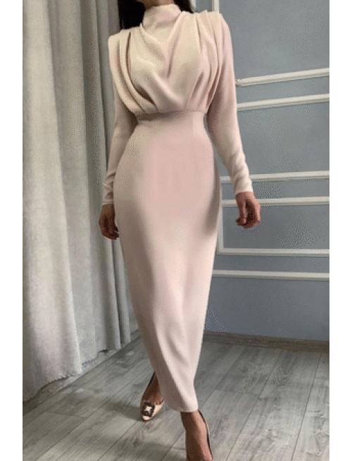 Elegant Solid Patchwork Fold Mandarin Collar Waist Skirt Dresses