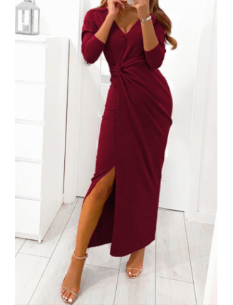 Elegant Solid Slit Fold V Neck Evening Dress Dresses