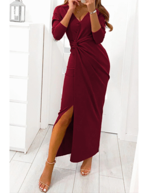 Elegant Solid Slit Fold V Neck Evening Dress Dresses