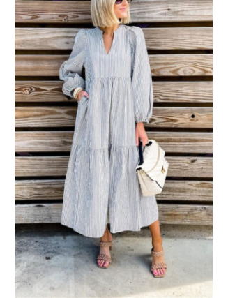 Fashion Casual Striped V Neck Long Dress Dresses