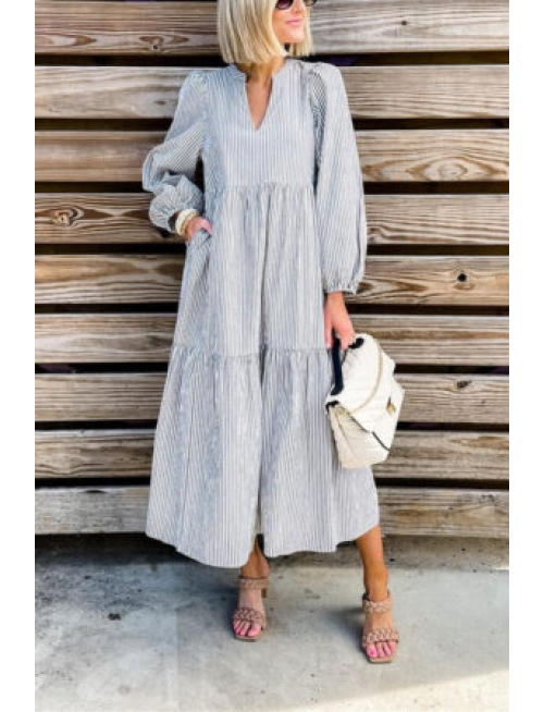 Fashion Casual Striped V Neck Long Dress Dresses
