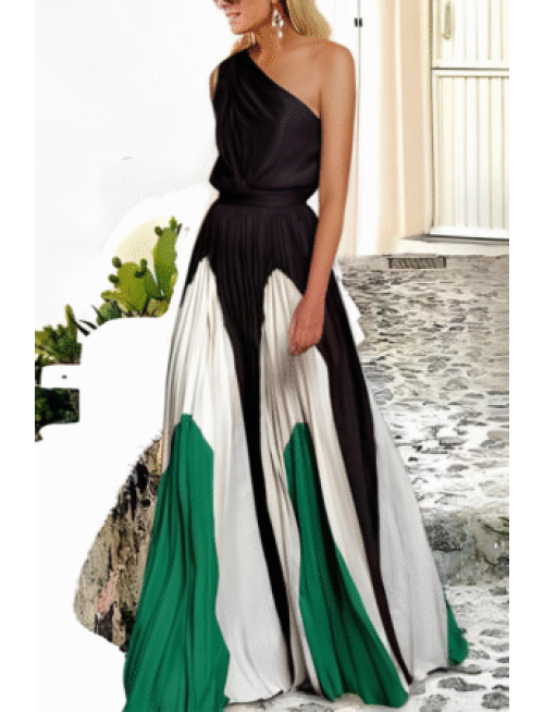 Fashion Elegant Patchwork Contrast Oblique Collar Waist Skirt Dresses
