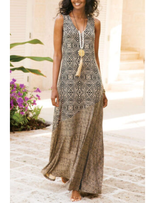 Fashion Elegant Print Patchwork V Neck A Line Dresses