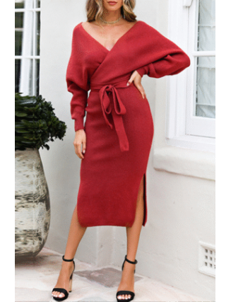 Casual Elegant Solid Backless Slit Strap Design V Neck Pencil Skirt Dresses