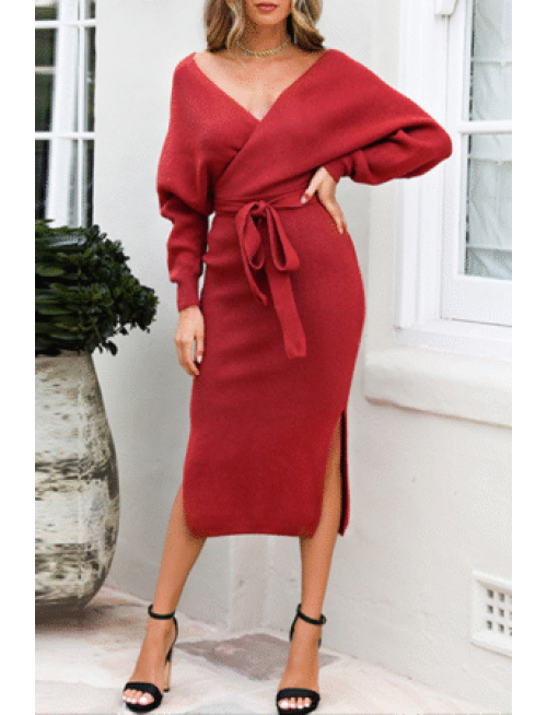 Casual Elegant Solid Backless Slit Strap Design V Neck Pencil Skirt Dresses