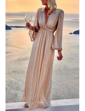 Fashion Elegant Solid Patchwork Fold V Neck Evening Dress Dresses