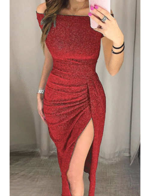 Fashion Elegant Solid Slit Sequined Off the Shoulder Wrapped Skirt Dresses