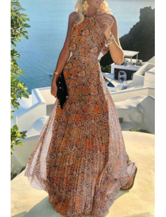 Fashion Street Print Patchwork Halter Pleated Dresses