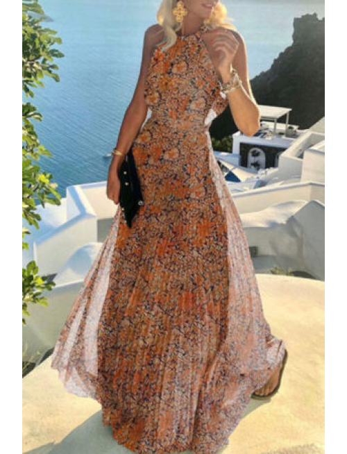 Fashion Street Print Patchwork Halter Pleated Dresses