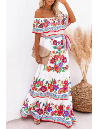 Fashion Street Print Patchwork Off the Shoulder A Line Dresses