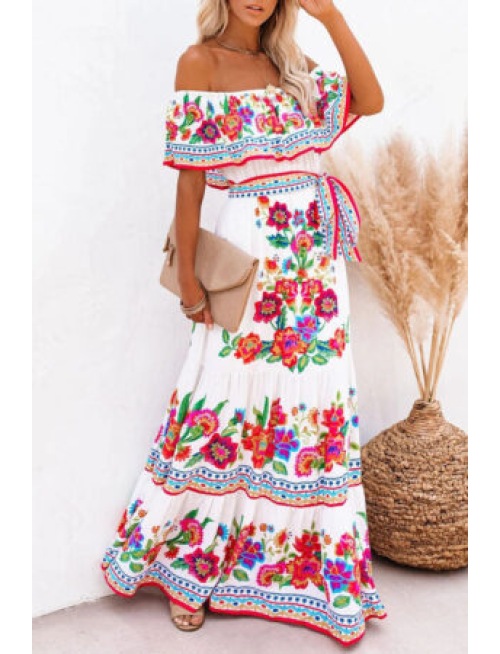 Fashion Street Print Patchwork Off the Shoulder A Line Dresses