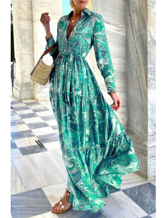 Street Print Patchwork Buckle POLO collar A Line Dresses