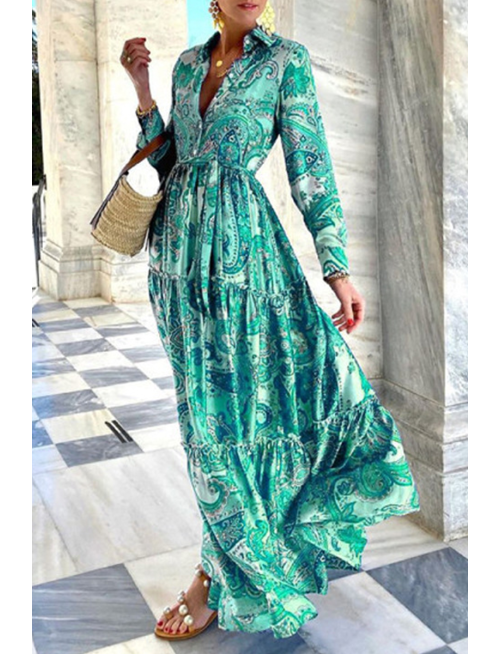 Street Print Patchwork Buckle POLO collar A Line Dresses