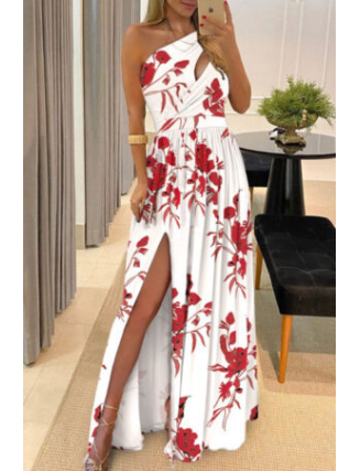 Casual Print Patchwork Slit Oblique Collar Straight Dresses