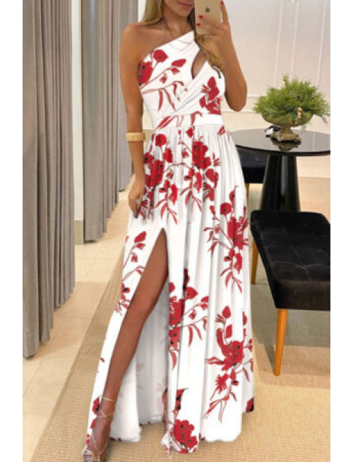 Casual Print Patchwork Slit Oblique Collar Straight Dresses