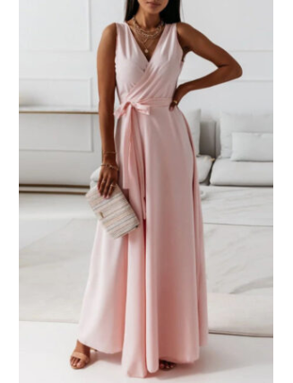 Casual Solid Frenulum V Neck Long Dress Dresses