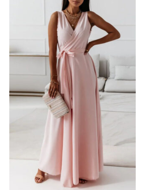 Casual Solid Frenulum V Neck Long Dress Dresses