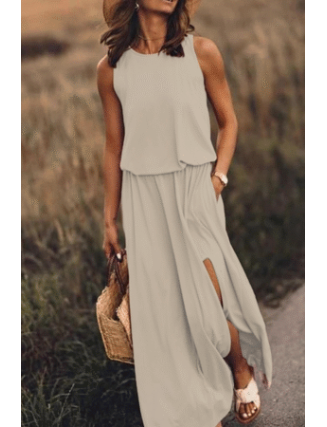 Casual Solid Patchwork Slit O Neck Waist Skirt Dresses