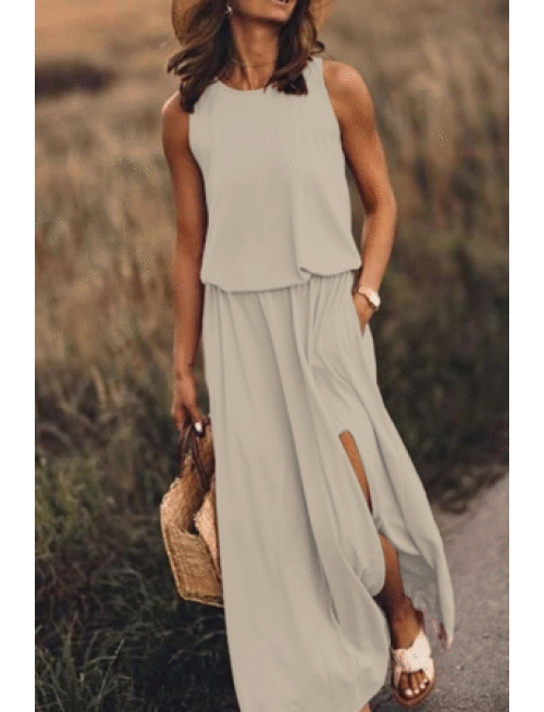 Casual Solid Patchwork Slit O Neck Waist Skirt Dresses