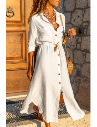 Casual Solid Pocket Buckle Turndown Collar Dresses