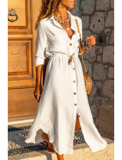 Casual Solid Pocket Buckle Turndown Collar Dresses