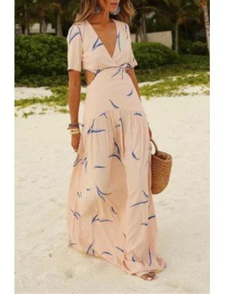 Casual Vacation Print Hollowed Out Patchwork V Neck A Line Dresses