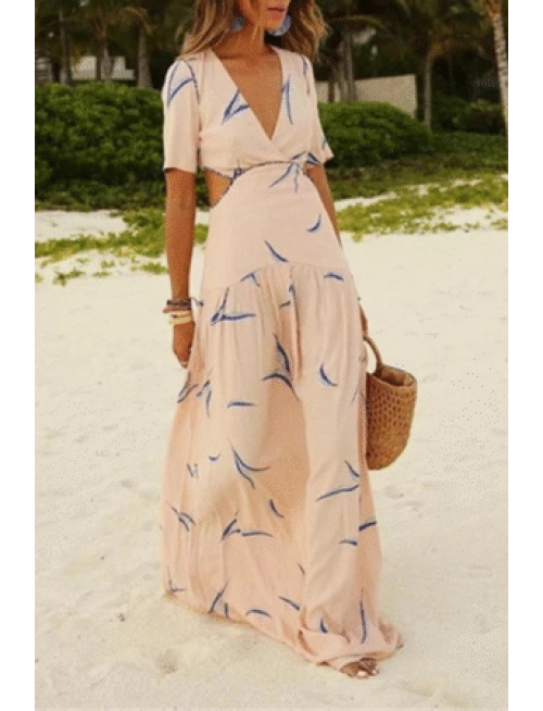 Casual Vacation Print Hollowed Out Patchwork V Neck A Line Dresses