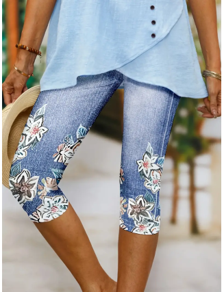 Casual Floral Capris Elastic Waist Printing Leggings