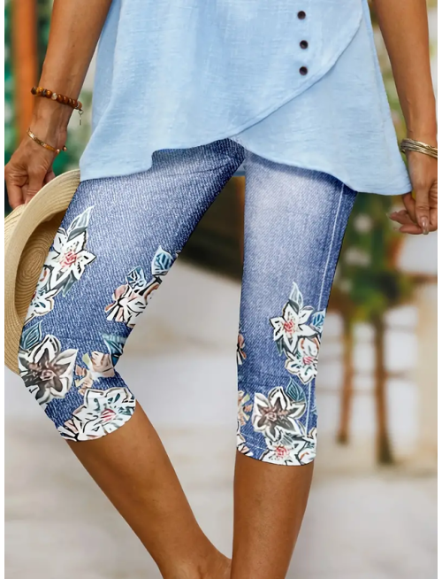 Casual Floral Capris Elastic Waist Printing Leggings