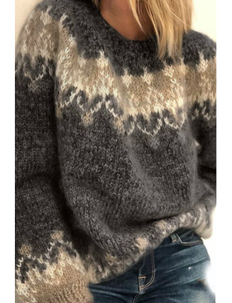 Fashion Print Patchwork O Neck Sweaters