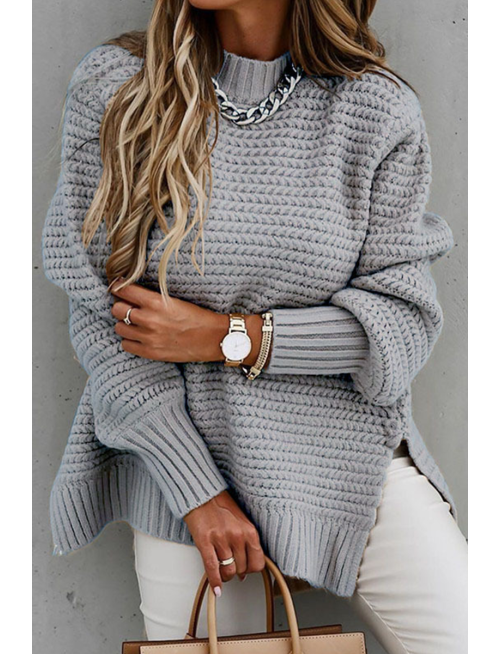 Fashion Street Solid Slit O Neck Sweaters