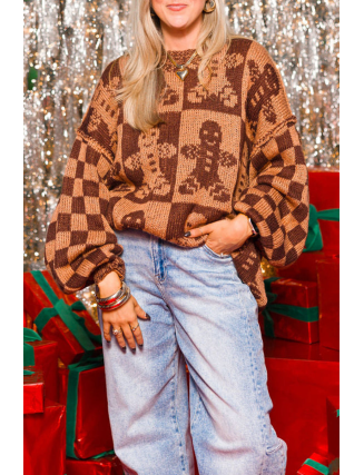 Plaid Patchwork Contrast O Neck Sweaters
