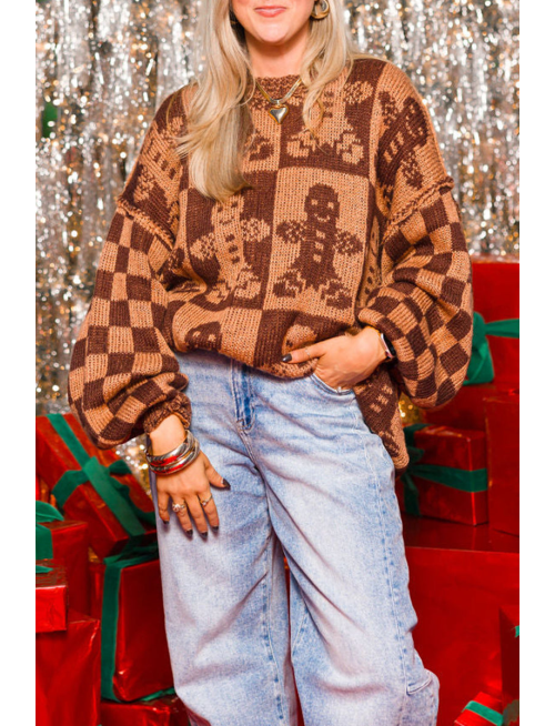 Plaid Patchwork Contrast O Neck Sweaters