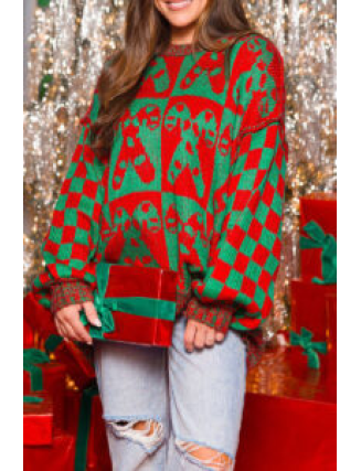 Casual Party Plaid Candy Weave Contrast O Neck Sweaters