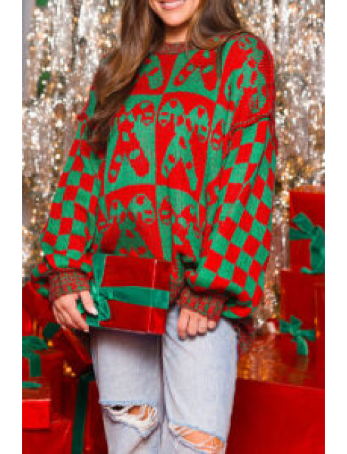 Casual Party Plaid Candy Weave Contrast O Neck Sweaters