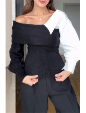 Casual Patchwork Contrast V Neck Sweaters