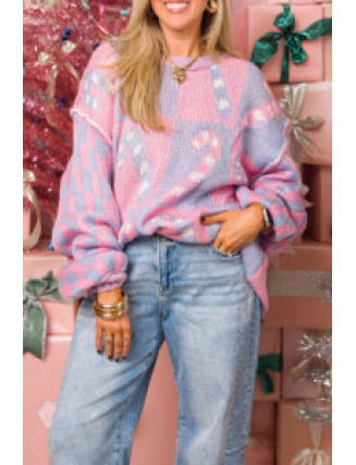 Casual Plaid Candy Weave Contrast O Neck Sweaters