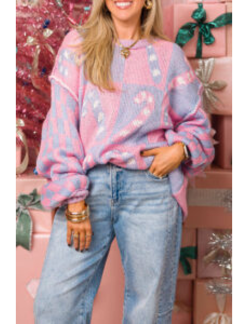 Casual Plaid Candy Weave Contrast O Neck Sweaters