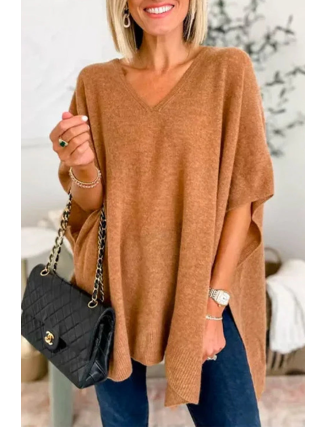 Casual Simplicity Solid Slit V Neck Sweaters